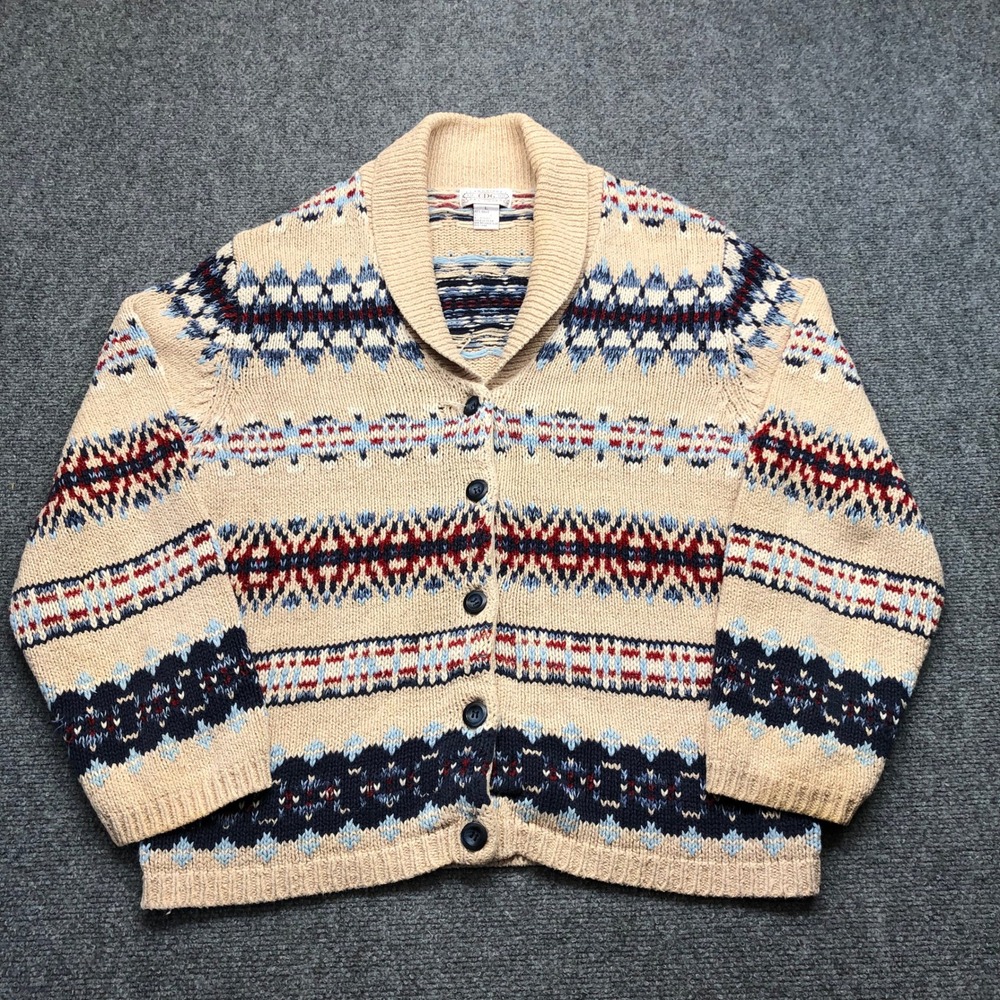 Cambridge Dry Goods Fair Isle Shawl Collar Cardigan Sweater Beige Blue Red L